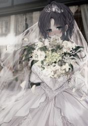 Rule 34 | 1girl, ahoge, asakura toru, blush, bouquet, braid, bridal gauntlets, bridal veil, covered mouth, curtains, dress, earrings, elbow gloves, flower, glint, gloves, highres, idolmaster, idolmaster shiny colors, indoors, jewelry, lace, lace-trimmed dress, lace-trimmed gloves, lace trim, light purple hair, looking down, hugging object, parted bangs, reguai623, solo, tiara, veil, wedding dress, white dress, white gloves, window