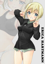 Rule 34 | 1girl, absurdres, black jacket, black sports bra, blonde hair, blue eyes, breasts, character name, cowboy shot, double v, erica hartmann, feet out of frame, grey shirt, grin, highres, jacket, medium breasts, military, military uniform, multiple views, panties, shirt, short hair, smile, sports bra, strike witches, typo, underwear, uniform, v, white panties, world witches series, yashin (yasinz), zoom layer