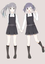 Rule 34 | 10s, 2girls, arm behind back, belt, black footwear, blue hair, brown eyes, buttons, dress, female focus, full body, grey legwear, hair ribbon, hamuzora, hand grab, headband, holding hands, kantai collection, kasumi (kancolle), kneehighs, long hair, long sleeves, multiple girls, one eye closed, ooshio (kancolle), open mouth, pinafore dress, ponytail, remodel (kantai collection), ribbon, round teeth, school uniform, shoes, short hair, side ponytail, silver hair, simple background, skirt, sleeveless, sleeveless dress, smile, socks, suspenders, teeth, twintails, v
