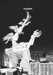 Rule 34 | 1girl, angel, arms up, body horror, breasts, building, city, completely nude, feathered wings, garam lee, giant, giantess, halo, hands up, headless, highres, medium breasts, monochrome, monster girl, multiple wings, navel, nude, original, outstretched arms, reaching, recursion, ribs, sitting, skyscraper, solo, surreal, wariza, wings