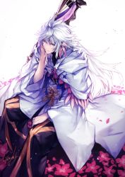 Rule 34 | 1boy, arm support, bow, closed mouth, fate/grand order, fate (series), genyaky, grey hair, hair bow, highres, long hair, long sleeves, looking at viewer, male focus, merlin (fate), pants, pink bow, purple eyes, purple pants, robe, signature, sitting, smile, solo, white background, wide sleeves