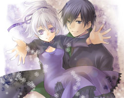 Rule 34 | 1boy, 1girl, black hair, blue eyes, bow, carrying, coat, couple, darker than black, dress, foreshortening, gloves, hair ribbon, hei (darker than black), hetero, kanou, kanou ayumi, outstretched arms, outstretched hand, ponytail, princess carry, purple dress, purple eyes, reaching, ribbon, silver hair, smile, snowflakes, yin (darker than black)