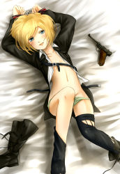 Rule 34 | 1girl, bai lao shu, blonde hair, blue eyes, blush, boots, breasts, cross, erica hartmann, gun, highres, iron cross, military, military uniform, panties, shoes, short hair, single shoe, small breasts, solo, strike witches, underwear, uniform, weapon, world witches series