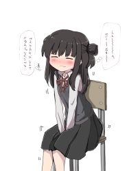 Rule 34 | 1girl, between legs, black hair, black skirt, black vest, blush, chair, closed eyes, closed mouth, collarbone, embarrassed, female focus, flat chest, hand between legs, have to pee, highres, japanese text, long hair, miniskirt, neck ribbon, nose blush, on chair, original, own hands together, pleated skirt, red ribbon, ribbon, school chair, school uniform, shirt, short sleeves, sidelocks, simple background, sitting, skirt, solo, tawasiupa, thought bubble, translation request, trembling, two side up, v arms, vest, white background, white shirt