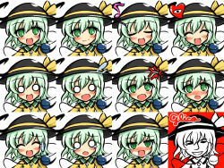 Rule 34 | 1girl, ^ ^, anger vein, bad id, bad pixiv id, blush, closed eyes, expressions, closed eyes, female focus, glico, green eyes, green hair, hat, heart, heavy breathing, kisaragi zwei, komeiji koishi, multiple views, musical note, o o, open mouth, partially colored, short hair, tears, third eye, touhou, upper body, white background