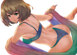 Rule 34 | 1girl, ass, back, bad id, bad pixiv id, bare shoulders, blue bra, blue eyes, blue panties, blush, bra, breasts, brown hair, commentary request, dimples of venus, from behind, green bra, green eyes, green panties, heterochromia, highleg, highleg panties, idolmaster, idolmaster cinderella girls, lace, lace-trimmed bra, lace-trimmed panties, lace bra, lace panties, lace trim, lingerie, looking at viewer, looking back, mole, mole under eye, multicolored bra, multicolored clothes, multicolored panties, panties, parted lips, satou daiji, shawl, short hair, shoulder blades, simple background, sitting, skindentation, smile, solo, takagaki kaede, thong, underboob, underwear, underwear only, white background