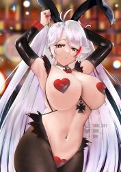 Rule 34 | 1girl, absurdres, animal ears, antenna hair, armpits, arms up, artist name, azur lane, bow, bowtie, breasts, covered erect nipples, cowboy shot, cross, cross earrings, crotchless, detached collar, earrings, elbow gloves, fake animal ears, frontless outfit, gloves, heart pasties, highres, instagram username, iron cross, jewelry, large breasts, leotard, long hair, meme attire, mole, mole on breast, multicolored hair, navel, pasties, pixiv username, playboy bunny, prinz eugen (azur lane), rabbit ears, red hair, revealing clothes, reverse bunnysuit, reverse outfit, streaked hair, tini, twitter username, two side up, white hair