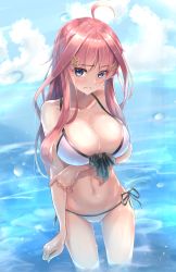 Rule 34 | 1girl, absurdres, ahoge, bikini, blue eyes, breasts, cleavage, collarbone, commentary request, cowboy shot, front-tie top, go-toubun no hanayome, hair ornament, highres, large breasts, long hair, looking at viewer, nakano itsuki, navel, red hair, side-tie bikini bottom, solo, standing, star (symbol), star hair ornament, swimsuit, wata0933, water, white bikini