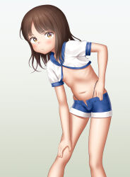 Rule 34 | 1girl, absurdres, bare legs, brown eyes, brown hair, closed mouth, crop top, feet out of frame, female focus, flat chest, hand on own knee, highleg, highleg panties, highres, looking at viewer, medium hair, navel, original, paid reward available, panties, sc naru, shirt, short shorts, short sleeves, shorts, solo, standing, string panties, thong, unbuttoned, underwear, white shirt