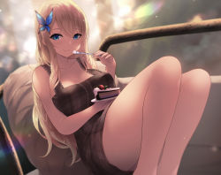 Rule 34 | 1girl, bare shoulders, blonde hair, blue butterfly, blue eyes, boku wa tomodachi ga sukunai, breasts, brown dress, bug, butterfly, butterfly hair ornament, cait aron, cake, cleavage, closed mouth, collarbone, cushion, dessert, dress, food, hair between eyes, hair ornament, highres, holding, holding food, holding spoon, insect, kashiwazaki sena, knees up, large breasts, leaning back, long hair, looking at viewer, sitting, sleeveless, smile, solo, spoon, thighs
