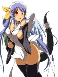 Rule 34 | 1girl, arc system works, asymmetrical wings, blue hair, blush, breasts, choker, cleavage, cosplay, dizzy (guilty gear), guilty gear, hair ornament, hair ribbon, hairclip, highres, iroha (cosplay), iroha (samurai spirits), iroha (samurai spirits) (cosplay), maid headdress, mirano, red eyes, ribbon, samurai spirits, snk, solo, tail, tail ornament, tail ribbon, thighhighs, twintails, wings, wristband, zettai ryouiki