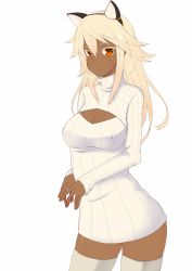 Rule 34 | 1girl, animal ears, atto youhei, blonde hair, breasts, cat ears, dark-skinned female, dark skin, fake animal ears, guilty gear, highres, kemonomimi mode, long hair, looking at viewer, meme attire, open-chest sweater, ramlethal valentine, red eyes, simple background, solo, sweater, thighhighs, white background