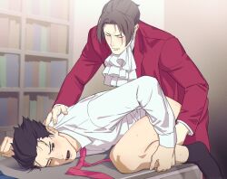 Rule 34 | 2boys, ace attorney, anal, ascot, blush, bottomless, closed eyes, collared shirt, formal, highres, kune akiro, male focus, miles edgeworth, multiple boys, one eye closed, parted bangs, phoenix wright, prone bone, sex, sex from behind, shirt, socks, suit, sweat, thick eyebrows, three quarter view, yaoi