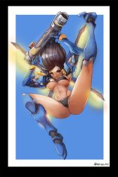 Rule 34 | &gt;:|, 1girl, :|, armor, armored boots, armpits, ass, bad id, bad pixiv id, bikini, black bikini, black border, black hair, blue background, bodysuit, boots, border, braid, breasts, breasts apart, brown eyes, closed mouth, dark-skinned female, dark skin, eye of horus, facial mark, facial tattoo, floating hair, full body, gauntlets, greaves, groin, gun, hair ornament, hair tubes, hip focus, holding, holding gun, holding weapon, jetpack, kneepits, large breasts, leg up, looking at viewer, navel, notte, overwatch, overwatch 1, pauldrons, pharah (overwatch), rocket launcher, serious, shoulder armor, shoulder pads, sidelocks, simple background, solo, spread legs, string bikini, swept bangs, swimsuit, tattoo, thrusters, twin braids, twitter username, underboob, v-shaped eyebrows, weapon, white border