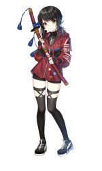 Rule 34 | 1girl, absurdres, alternate hair color, black footwear, black gloves, black hair, black shirt, black shorts, black thighhighs, closed mouth, closers, fingerless gloves, full body, gloves, highres, holding, holding sword, holding weapon, jacket, katana, long hair, long sleeves, looking at viewer, low twintails, lucy (closers), official art, red jacket, shirt, shoes, short shorts, shorts, smile, sneakers, solo, sword, tachi-e, tassel, thighhighs, thighs, turtleneck, twintails, undershirt, weapon, white background, yellow eyes
