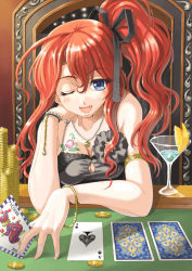 Rule 34 | 1girl, ace (playing card), ace of spades, bare shoulders, blue eyes, bow, bracelet, breasts, card, cleavage, coin, glass, gold, hair bow, holding, holding card, jewelry, joker (playing card), large breasts, long hair, necklace, one eye closed, original, playing card, playing games, ponytail, red hair, ribbon, sitting, solo, spade (shape), tattoo, wink, yuu (yuyukaikan)