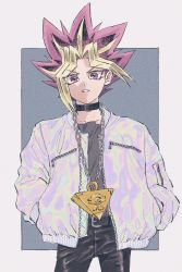 Rule 34 | 1boy, belt, blonde hair, choker, commentary request, dyed bangs, grey shirt, hands in pockets, highres, jacket, looking at viewer, male focus, millennium puzzle, morijio (pnpn no mm), open clothes, open jacket, pants, parted lips, purple eyes, purple hair, shirt, solo, spiked hair, white jacket, yami yugi, yu-gi-oh!, zipper