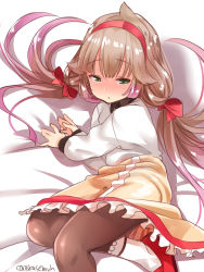 Rule 34 | 1girl, black pantyhose, bow, commentary request, frilled skirt, frills, green eyes, grey hair, hair bow, hairband, highres, kantai collection, long hair, long sleeves, looking at viewer, low twintails, mikura (kancolle), pantyhose, red bow, red footwear, red hairband, shirt, shoes, skirt, socks, solo, takase muh, twintails, twitter username, white shirt, white socks