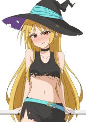 Rule 34 | 1girl, absurdres, alternate costume, aqua belt, bare shoulders, black choker, black hat, black lips, black nails, black skirt, blonde hair, blush, bocchi the rock!, breasts, choker, closed mouth, commentary, cowboy shot, crop top, dot nose, english commentary, hat, highres, ijichi seika, lipstick, long hair, looking at viewer, makeup, medium breasts, midriff, miniskirt, nail polish, navel, nose blush, red eyes, simple background, skirt, solo, standing, thundradrawings, torn clothes, torn skirt, v-shaped eyebrows, very long hair, wavy hair, white background, witch hat