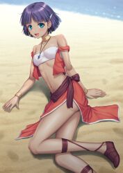 Rule 34 | 1girl, :d, aqua eyes, arm support, armlet, arms behind back, bandeau, bare shoulders, beach, blush, bob cut, bracelet, breasts, brown footwear, commentary request, cropped vest, cross-laced sandals, dark-skinned female, dark skin, earrings, fushigi no umi no nadia, gem, hair ornament, hairclip, hoop earrings, jewelry, light blush, loincloth, messy hair, midriff, miyai sen, nadia la arwall, navel, neck ring, necklace, off shoulder, open mouth, outdoors, partial commentary, pelvic curtain, pendant, purple hair, red vest, sandals, short hair, sitting, small breasts, smile, solo, strapless, taut clothes, tube top, vest, white bandeau, yokozuwari