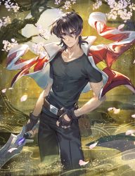 Rule 34 | 1boy, black hair, bomssp, cherry blossoms, fingerless gloves, gloves, highres, jacket, jacket on shoulders, keith (voltron), knife, male focus, red jacket, solo, voltron: legendary defender, voltron (series)