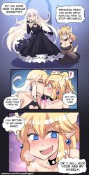 Rule 34 | !, 2girls, :d, @ @, bare shoulders, black dress, black gloves, blank eyes, blonde hair, blue eyes, blush, bowsette, bracelet, breasts, cleavage, cleavage cutout, clothing cutout, collarbone, comic, commentary, crown, dark persona, dress, earrings, elbow gloves, english commentary, english text, fang, flying sweatdrops, forked eyebrows, frown, gloves, heart cutout, highres, hinghoi, horns, jewelry, kiss, long hair, looking at viewer, mario (series), multiple girls, new super mario bros. u deluxe, nintendo, open mouth, pointy ears, ponytail, princess peach, role reversal, saliva, sharp teeth, sitting, smile, super crown, surprised, sweatdrop, teeth, thick eyebrows, watermark, web address, yellow eyes, yuri