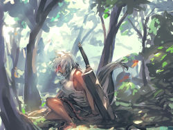 Rule 34 | 1girl, animal ears, bare arms, barefoot, breasts, forest, glowing, glowing eyes, highres, inubashiri momiji, melon22, nature, planted sword, planted, red eyes, shirt, sideboob, silver hair, skirt, sleeveless, sleeveless shirt, solo, squatting, sword, tail, touhou, weapon, wolf ears, wolf tail