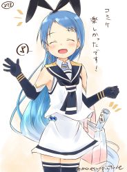 Rule 34 | 10s, 1girl, :d, absurdly long hair, bag, black neckerchief, blue hair, blue thighhighs, blush, closed eyes, commentary request, cowboy shot, elbow gloves, facing viewer, gloves, gradient background, gradient hair, hair ribbon, highres, kantai collection, long hair, mae (maesanpicture), multicolored hair, neckerchief, numbered, open mouth, ribbon, sailor collar, samidare (kancolle), school uniform, serafuku, shopping bag, sleeveless, smile, solo, standing, swept bangs, thighhighs, translation request, twitter username, very long hair, zettai ryouiki