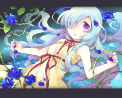 Rule 34 | 1girl, bare shoulders, blue hair, blue rose, flower, letterboxed, looking at viewer, lying, on back, one-eyed, original, plant, purple eyes, rose, solo, tachitsu teto, tareme, thorns, vines, wallpaper