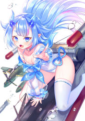 Rule 34 | 1girl, azur lane, bare shoulders, blue eyes, blue hair, breasts, choker, cleavage, collarbone, commentary, fang, highres, horns, i-13 (azur lane), long hair, looking at viewer, one-piece swimsuit, open mouth, pointing, pointing at viewer, seaplane, see-through, see-through sleeves, simple background, sitting, skin fang, small breasts, solo, submarine, suzaku (zaku6584), swimsuit, thick eyebrows, thighhighs, thighs, torpedo, water drop, watercraft, white background, white one-piece swimsuit, white thighhighs