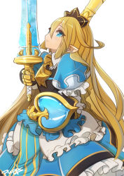 Rule 34 | 10s, 1girl, blonde hair, blue eyes, buckler, charlotta (granblue fantasy), dress, frills, gauntlets, granblue fantasy, harvin, juliet sleeves, long hair, long sleeves, looking up, pointy ears, puffy sleeves, pupps, shield, signature, simple background, solo, sword, very long hair, weapon, white background