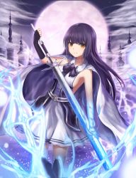 Rule 34 | 1girl, absurdres, bad id, bad pixiv id, black gloves, black hair, black thighhighs, elbow gloves, fingerless gloves, gloves, gya (144), highres, holding, holding sword, holding weapon, long hair, looking at viewer, original, solo, sword, thighhighs, weapon, yellow eyes