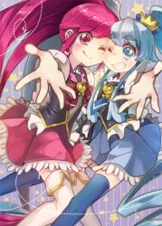 Rule 34 | 10s, 2girls, ;), aino megumi, blue eyes, blue hair, blue skirt, blue thighhighs, blush, boots, bow, brooch, cheek-to-cheek, crown, cure lovely, cure princess, earrings, eyebrows, eyelashes, grin, happinesscharge precure!, happy, heads together, heart, heart brooch, jewelry, long hair, looking at viewer, magical girl, multiple girls, one eye closed, pink bow, pink eyes, pink hair, pink skirt, ponytail, precure, puffy sleeves, shigushiro, shirayuki hime, shirt, skirt, smile, thigh boots, thighhighs, thighs, twintails, white legwear, wide ponytail, wink, wrist cuffs, zettai ryouiki