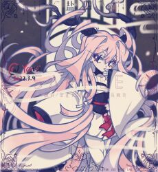 Rule 34 | 1girl, :/, black eyes, covering own mouth, cowboy shot, crossed legs, grey background, hand over own mouth, hand up, highres, horns, japanese clothes, kimono, long hair, looking at viewer, original, pink hair, sample watermark, smoke, solo, thighhighs, very long hair, watermark, watson cross, white kimono, white thighhighs, wide sleeves, xianyudian laoban