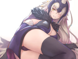 Rule 34 | 1girl, angry, asarokuji, ass, bad id, bad pixiv id, black panties, blonde hair, blush, breasts, fate/grand order, fate (series), hair over one eye, headpiece, highres, jeanne d&#039;arc (fate), jeanne d&#039;arc alter (avenger) (fate), jeanne d&#039;arc alter (avenger) (third ascension) (fate), jeanne d&#039;arc alter (fate), long hair, looking at viewer, lying, panties, pantyshot, simple background, solo, thighhighs, underwear, white background, yellow eyes