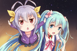 Rule 34 | &gt;:&lt;, 2girls, :&lt;, :d, antenna hair, aqua eyes, aqua hair, bad id, bad pixiv id, blush, brown eyes, chestnut mouth, closed mouth, crossover, flower, frills, hair flower, hair ornament, hair ribbon, hand puppet, hatsune miku, jitome, long hair, long sleeves, looking at viewer, miyauchi renge, multiple girls, neck ribbon, non non biyori, open mouth, outstretched arms, puppet, purple hair, reki (lichk), ribbon, short sleeves, smile, spread arms, star (sky), twintails, v-shaped eyebrows, vocaloid
