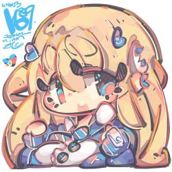 Rule 34 | 1girl, blonde hair, blue bow, blue bowtie, blue jacket, blush stickers, bowtie, brown eyes, chibi, collared shirt, dated, goddess of victory: nikke, hair ornament, jacket, jrpencil, long hair, shirt, signature, sleeves past wrists, solo, tia (nikke), white shirt