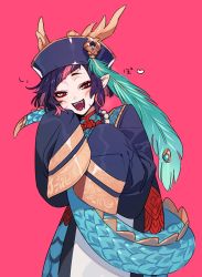 Rule 34 | 10r (tulipano), 1boy, black hair, dragon tail, fangs, halloween costume, hat, highres, horns, lilia vanrouge, long sleeves, looking at viewer, male focus, multicolored hair, official alternate costume, open mouth, pink hair, pointy ears, red eyes, short hair, sleeves past wrists, smile, solo, tail, twisted wonderland, two-tone hair