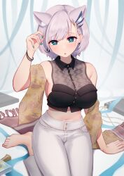 Rule 34 | 1girl, absurdres, animal ears, bare shoulders, braid, braided bangs, breasts, commentary, commission, cropped shirt, earrings, english commentary, extra ears, green nails, hair behind ear, highres, hololive, hololive indonesia, jewelry, large breasts, looking at viewer, midriff, navel, nokonata, official alternate costume, official alternate hair length, official alternate hairstyle, pants, parted lips, pavolia reine, pavolia reine (street), print shawl, second-party source, shawl, sleeveless, virtual youtuber, white pants, yellow shawl