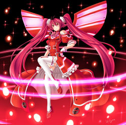 Rule 34 | 1girl, antenna hair, dress, hand on own hip, long hair, looking at viewer, mecha musume, mechanical wings, red dress, red eyes, red hair, shoes, solo, thighhighs, twintails, villyane, vividred, vividred operation, white thighhighs, wings