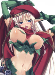 Rule 34 | 00s, 1girl, alleyne (queen&#039;s blade), alleyne (queen's blade), arms up, belt, beret, blue eyes, blush, braid, breasts, breasts apart, breasts out, bustier, cape, elbow gloves, elf, eyebrows, female focus, fighting master alleyne, gloves, green gloves, half-closed eyes, hat, highres, holding, holding weapon, large breasts, linea alba, long hair, long pointy ears, looking at viewer, matsuryuu, midriff, narrow waist, navel, nipples, nose blush, open clothes, open mouth, pointy ears, queen&#039;s blade, red cape, shiny skin, side braid, simple background, solo, stomach, teeth, torn clothes, upper body, very long hair, weapon, white background, white hair