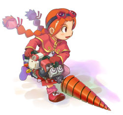 Rule 34 | alternate weapon, braid, capelet, child, drill, full body, gloves, goggles, goggles on head, gurumin, long sleeves, lowres, orange hair, oversized zipper, parin, power tool, running, shadow, solo, stupa13a, twin braids, weapon, white background