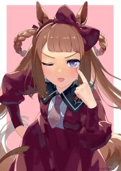 Rule 34 | 1girl, akanbe, animal ears, blunt bangs, bow hairband, brown hair, collared dress, dress, eyelid pull, hair rings, hairband, highres, horse ears, horse girl, horse tail, kotatsu ( nekotatsu ), long hair, long sleeves, looking at viewer, necktie, pink necktie, puffy long sleeves, puffy sleeves, purple eyes, red dress, short necktie, solo, sweep tosho (umamusume), tail, tongue, tongue out, twintails, twitter username, umamusume, upper body, v-shaped eyebrows