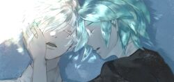 Rule 34 | 2others, androgynous, antarcticite, aqua hair, blue background, crystal hair, facing another, facing viewer, gem uniform (houseki no kuni), hair over one eye, hand on another&#039;s cheek, hand on another&#039;s face, hand up, highres, houseki no kuni, lying, multiple others, on back, on side, one eye covered, other focus, parted lips, phosphophyllite, portrait, profile, short hair, sleeping, sparkle, sunlight, white hair, yorha 2b2e