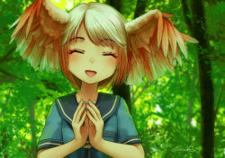 Rule 34 | 1girl, :d, ^ ^, blue serafuku, closed eyes, commentary request, day, facing viewer, forest, gradient hair, happy, head wings, multicolored hair, nature, open mouth, original, outdoors, own hands together, red hair, school uniform, serafuku, short hair, short sleeves, signature, smile, solo, spread wings, steepled fingers, tokiko (welt (kinsei koutenkyoku)), upper body, welt (kinsei koutenkyoku), white hair, wings