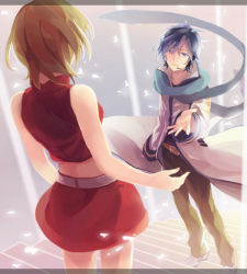 Rule 34 | 1boy, 1girl, akiyoshi (tama-pete), bare arms, bare shoulders, belt, blue eyes, blue hair, border, brown hair, brown pants, coat, facing away, fingernails, floating, floating hair, headset, kaito (vocaloid), letterboxed, light smile, looking at another, meiko (vocaloid), nail polish, open mouth, outstretched hand, pants, red nails, scarf, short hair, skirt, stairs, tank top, thighs, translucent border, transparent border, vocaloid