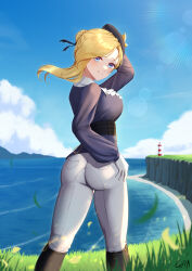 Rule 34 | 1girl, absurdres, ascot, ass, azur lane, black footwear, black ribbon, blonde hair, blue eyes, blue ribbon, blue shirt, boots, breasts, chain, cliff, commentary, commission, day, english commentary, feet out of frame, from behind, girarikyo, gloves, grass, grin, hair ribbon, hand on own head, hand on own hip, highres, hood (azur lane), hood (gentlewoman and stallion) (azur lane), large breasts, lighthouse, long hair, long sleeves, looking at viewer, looking back, ocean, official alternate costume, outdoors, pants, pants tucked in, ribbon, riding boots, riding outfit, shirt, smile, solo, sunlight, white ascot, white gloves, white pants