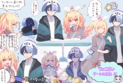Rule 34 | 1boy, 1girl, aoyagi touya, arm grab, blonde hair, blue eyes, blue hair, bow, closed eyes, closed mouth, collared shirt, commentary, crane game, dark blue hair, ebi (yzpiyo039), gradient hair, hat, holding, long hair, long sleeves, looking at another, multicolored hair, open mouth, panda, phenny (project sekai), pink bow, pink eyes, pink hair, project sekai, shirt, short hair, sleeves past elbows, smile, speech bubble, split-color hair, star (symbol), stuffed animal, stuffed penguin, stuffed toy, tenma saki, translation request, twintails, two-tone hair