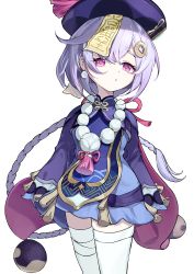 Rule 34 | 1girl, absurdres, bead necklace, beads, coin, coin hair ornament, earrings, genshin impact, hair ornament, hat, highres, jewelry, jiangshi, lechiennoir, light purple hair, long hair, looking at viewer, necklace, ofuda, orb, parted lips, ponytail, purple eyes, purple hair, purple hat, qiqi (genshin impact), simple background, single earring, skindentation, sleeves past fingers, sleeves past wrists, solo, talisman, tassel, thighhighs, very long hair, vision (genshin impact), white background, white thighhighs, yin yang