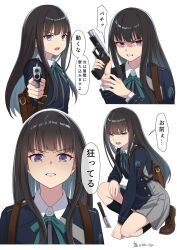 Rule 34 | 1girl, backpack, bag, black hair, black socks, brown bag, brown footwear, commentary request, gun, highres, holding, holding gun, holding weapon, inoue takina, knife, long hair, long sleeves, looking at viewer, lycoris recoil, lycoris uniform, open mouth, purple eyes, socks, tohka 10days, translation request, twitter username, two-tone dress, weapon